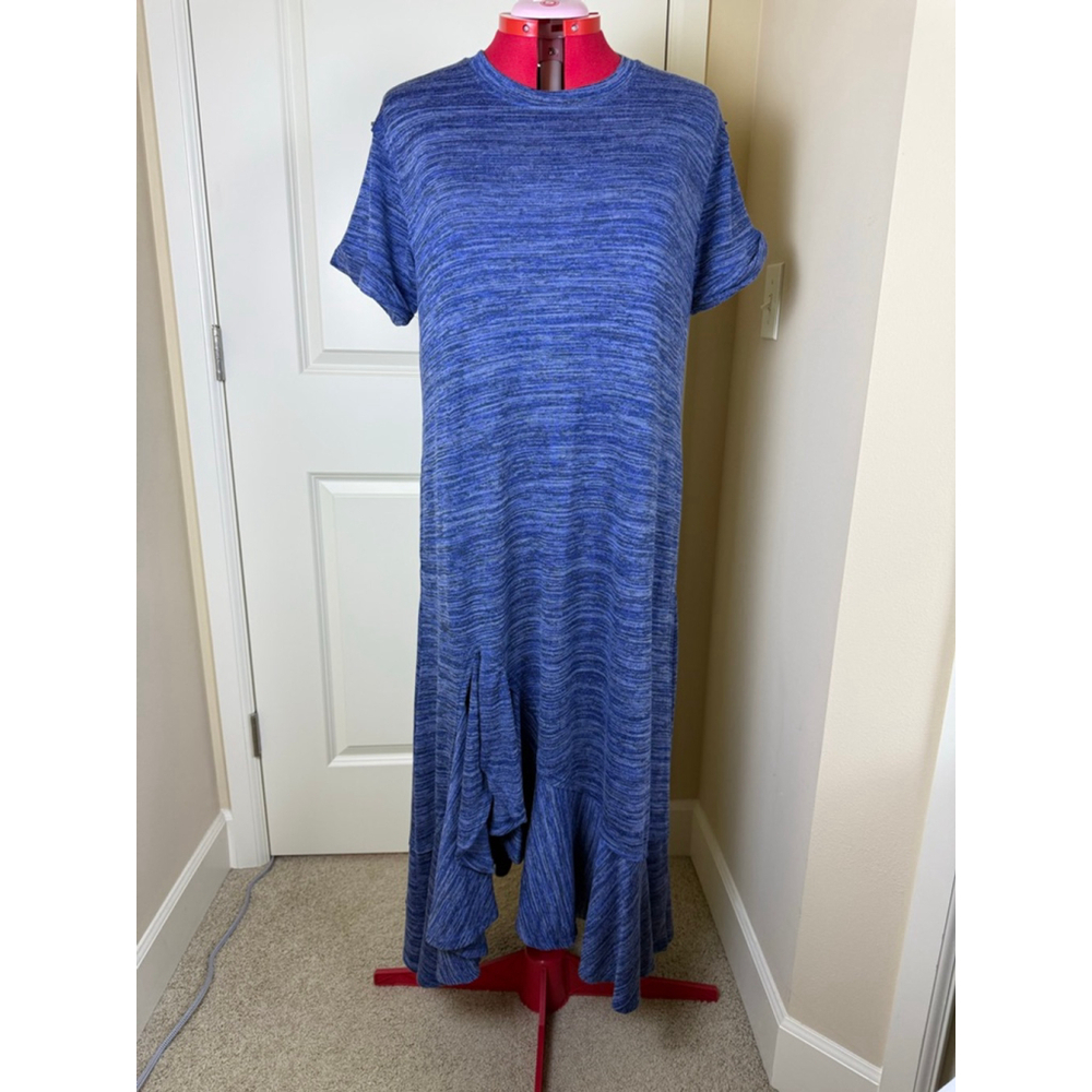 Women's Stitchdrop Blue Grey Marled Ruffle Hem Short Sleeve Maxi Dress XL